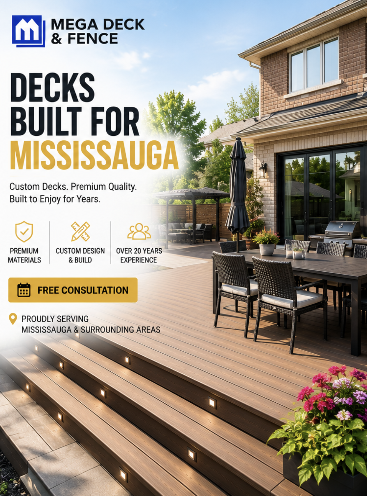 Spacious outdoor deck with modern furniture, built with premium materials in Mississauga.