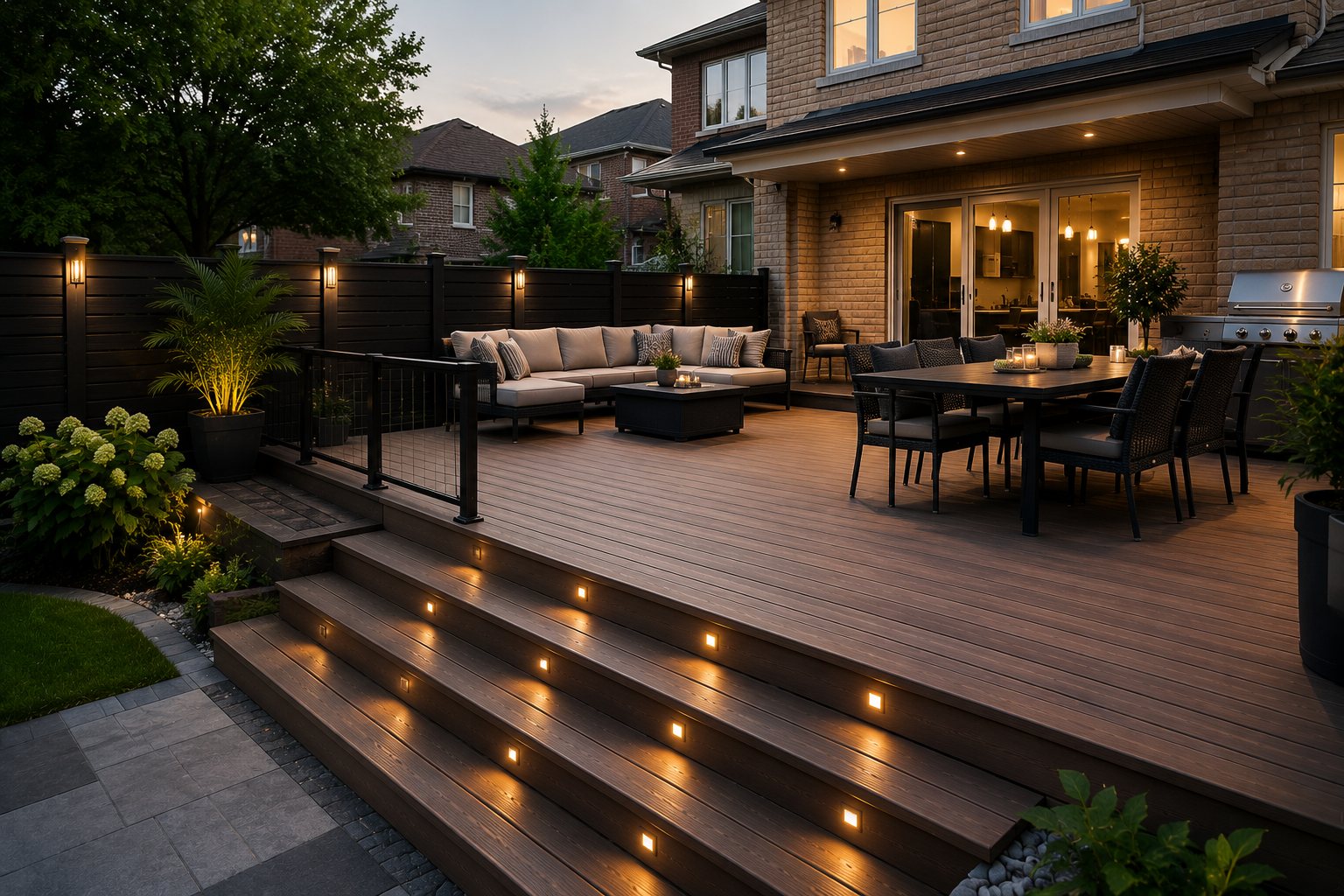 Spacious modern backyard deck with built-in step lights, outdoor sofa, dining table, and grill at dusk.