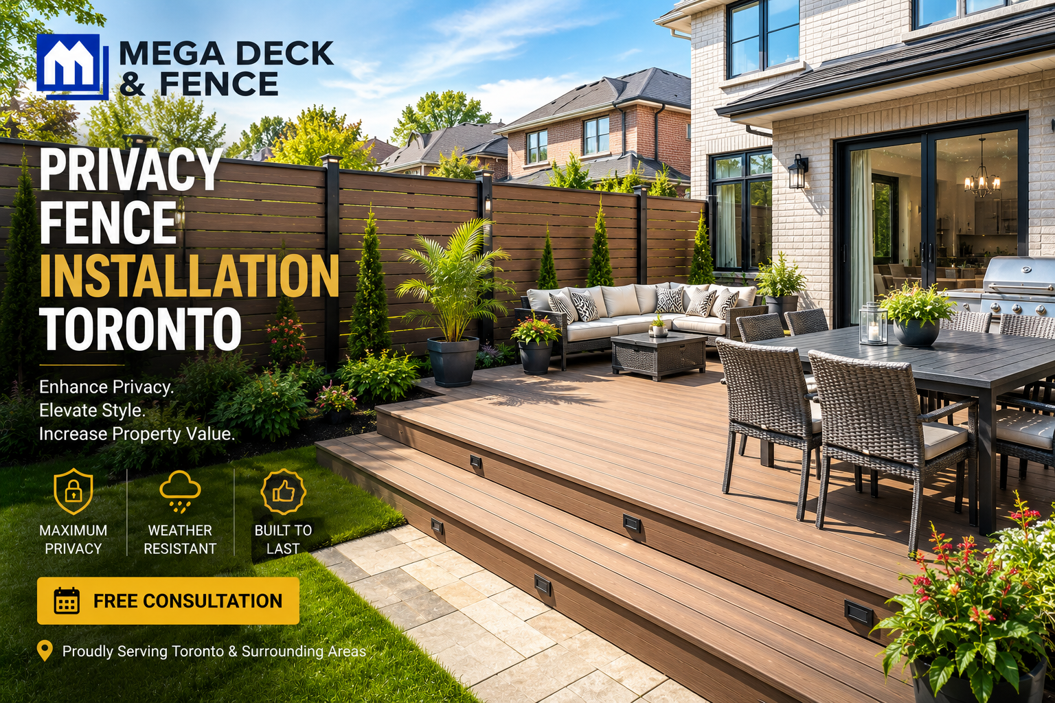 Backyard with brown privacy fence, wooden deck, outdoor dining set, and sofa seating area.